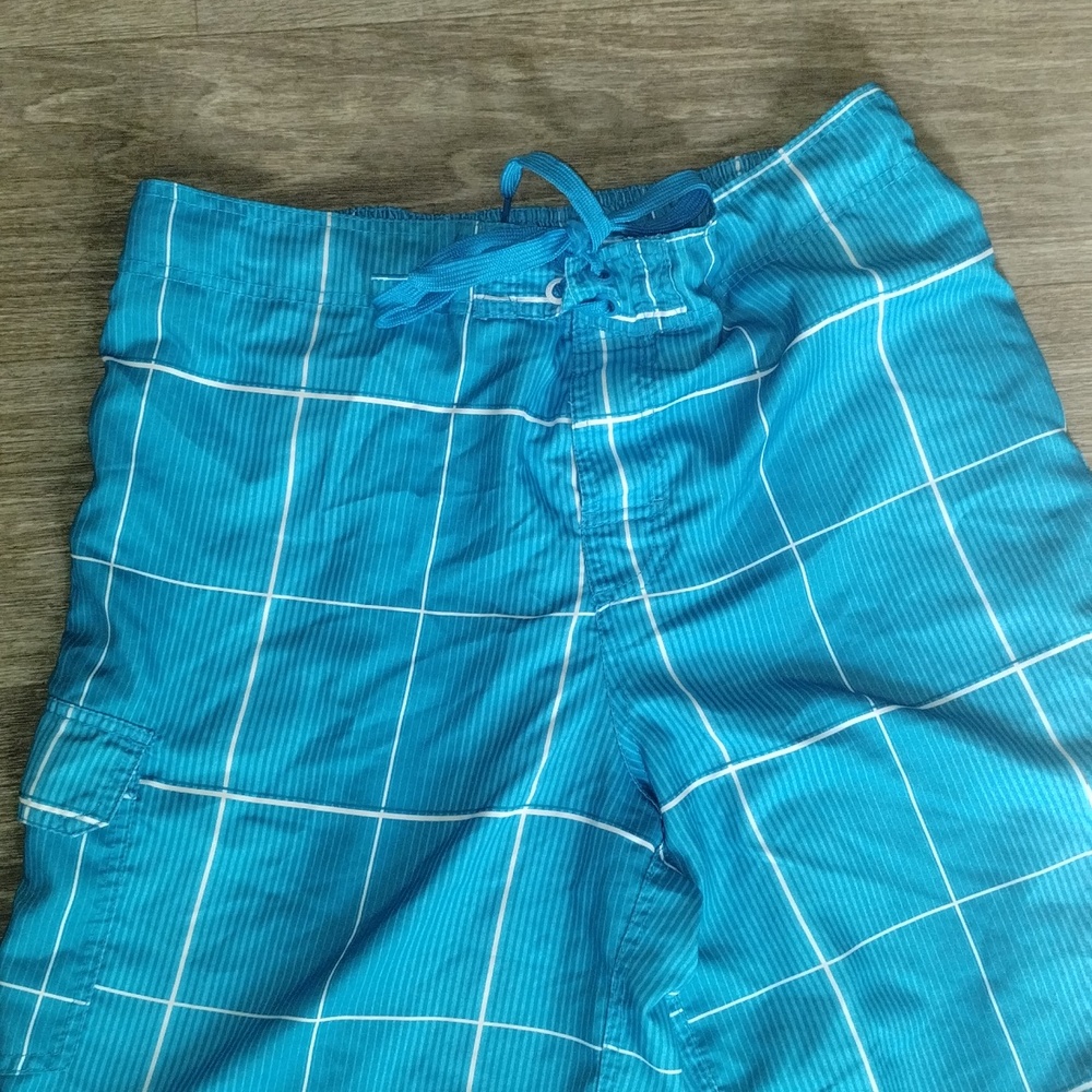 Ocean Pacific (OP) board shorts blue swim trunks with a white plaid pattern L - Picture 2 of 5